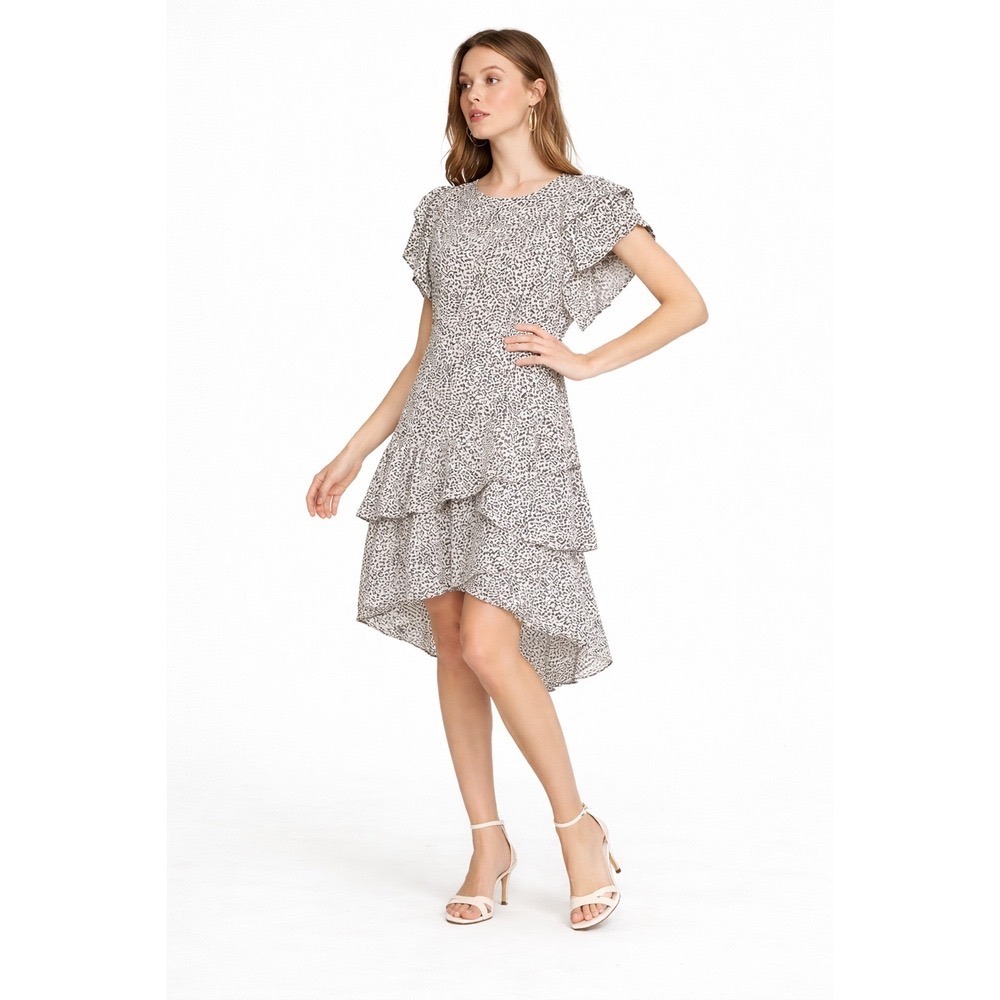 Who What Wear Womens‎ Cheetah Leopard Print Ruffle Tiered Midi Dress Tan Black L